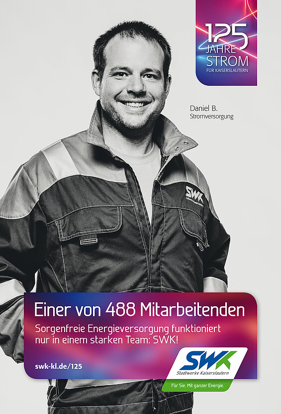 SWK-Werbung 125 Jahre Strom, Mitarbeiter Daniel B. Stromversorgung