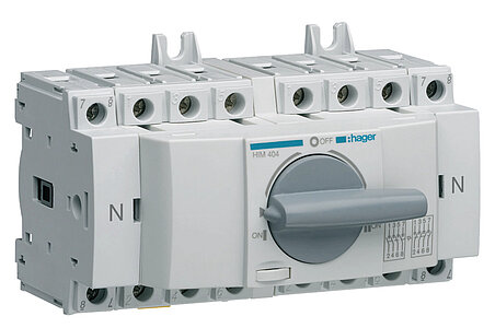 Netzumschalter von Hager mit Drehgriff und mehreren Anschussklemmen.