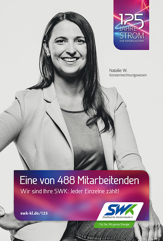 SWK-Werbung 125 Jahre Strom, Mitarbeiterin Natalie W. Konzernrechnungswesen