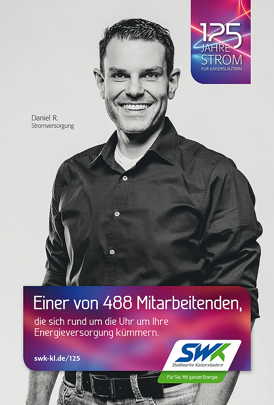 SWK-Werbung 125 Jahre Strom, Mitarbeiter Daniel R. Stromversorgung