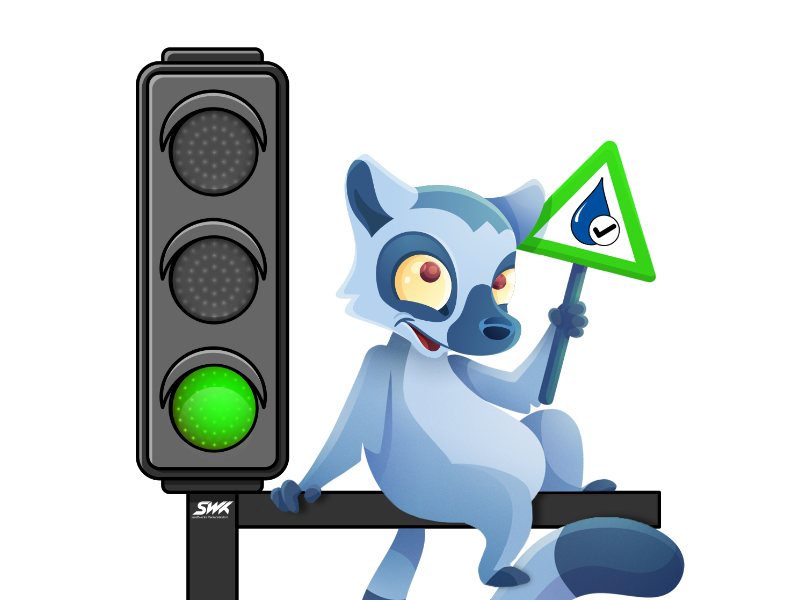 Lemur Illustration sitzt neben Ampelkopf, der grün leuchtet, und hält ein Schild mit einem Wassertropfen und einem Häkchen hoch.