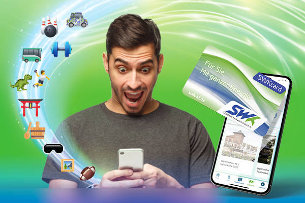 Mann schaut auf Handy in der Hand, aus dem verschiedene Emojis hervorkommen. Rechts ist ein überproportional großes Handy aus dem eine Karte herausragt.