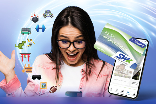 Frau schaut auf Handy in der Hand, aus dem verschiedene Emojis hervorkommen. Rechts ist ein überproportional großes Handy aus dem eine Karte herausragt.